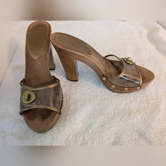 Coach Cagney Clear Bronze Gold Wooden Sz.7.5 Platform Slip-On Heels - Picture 11 of 13